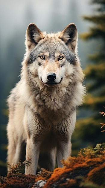 The title Beautiful Alaskan tundra wolf in closeup with a hazy background suggests an image captu