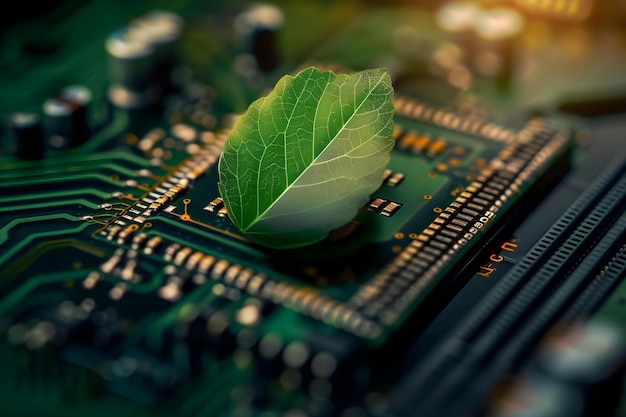 Название может быть пересмотрено на "Зеленый лист, прорастающий из компьютерного чипа, символизирующий инновации и рост в электронной технологии" Концепция инноваций и роста в электронной технологии