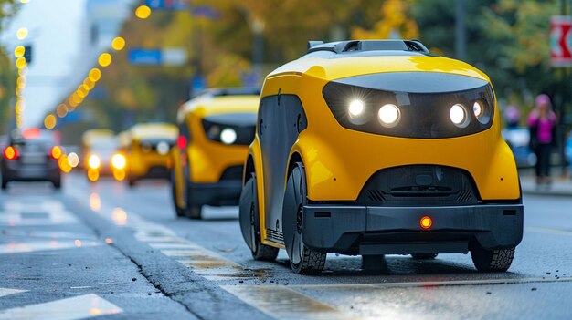 Title A robot delivers food A modern automated food delivery robot drives along a city street