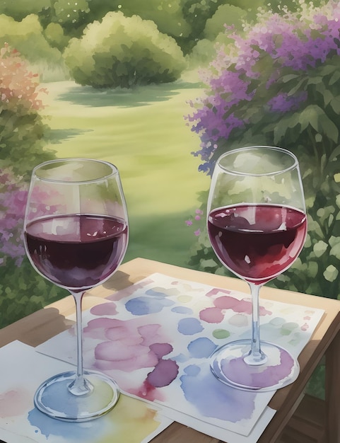 Title Two glasses of wine on napkins on table in the garden Watercolor illustration