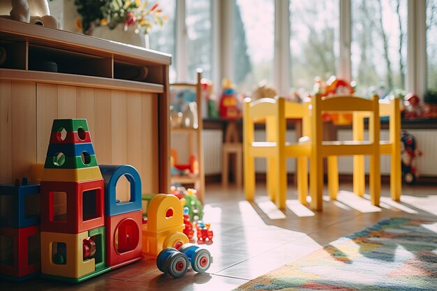 写真 タイトル: 活気のある57年の男の子の部屋カラフルな家具おもちゃ太陽の光