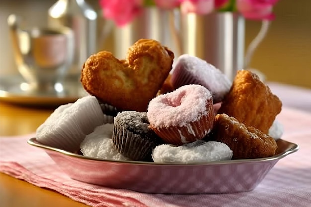 Title Vibrant Valentines Day Table with Assorted Sweet Treats and Decorative Delights