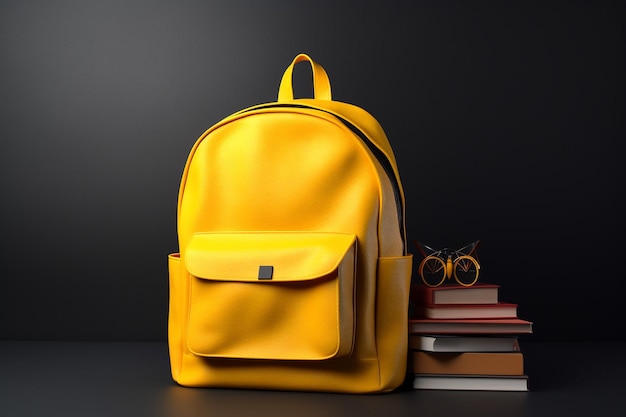 Foto titolo borsa scolastica gialla con libri e accessori sui libri generativo ai
