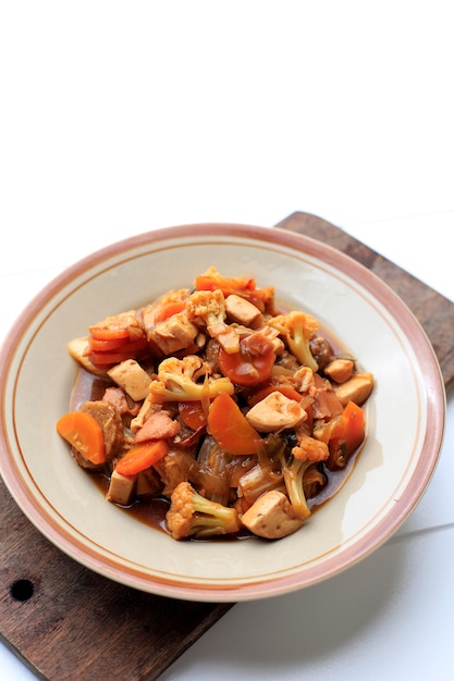 Tjap Cay or Cap Cay, Indonesian Stir Fry Vegetable with Chinese Food Influenced, Isolated on WHite Background, Copy Space for Text