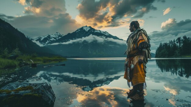 Photo a tlingit warrior stands in front of a reflective body of water his stoic pose and traditional garb