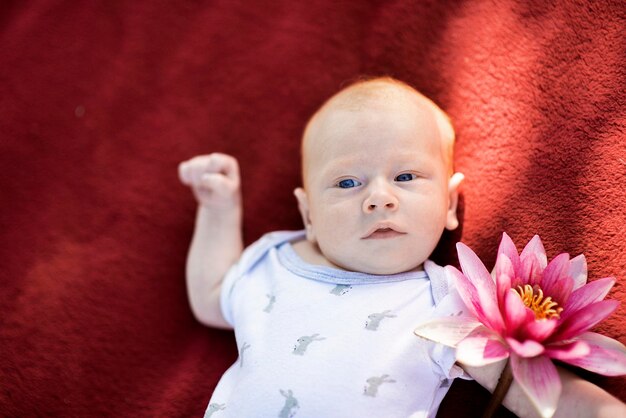 写真 赤い毛布の上に横たわっているバラの花で可愛い小さな新生児を見る