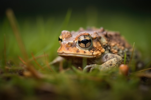 Toad on a darkened patch of green grass