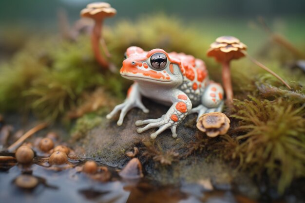 Toad on a patch of mushrooms