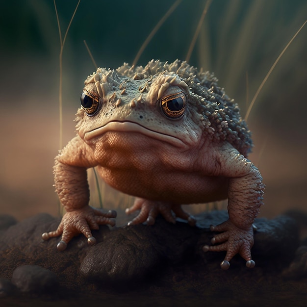 A toad with a sad look on his face is standing on a rock.