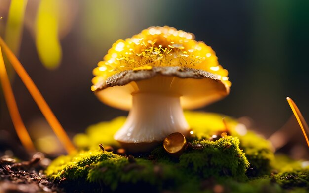 Toadstool close up of a glowing poisonous mushroom in the forest