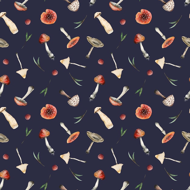 Toadstools fly agaric on dark blue watercolor seamless pattern with red white poisonous mushroom