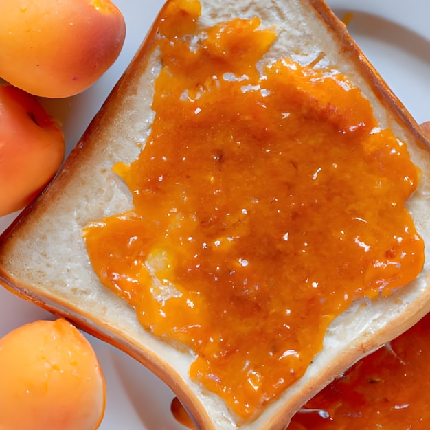 Toast of bread and apricot jam with slices of fruit and fresh apricots on a table top view