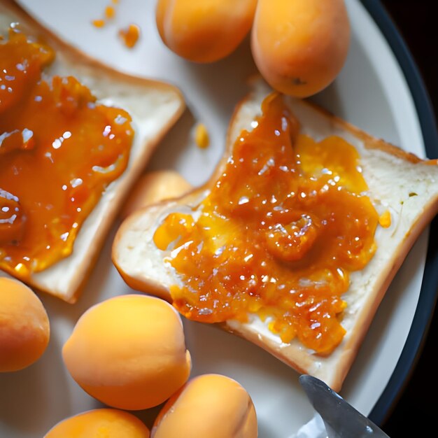 Toast of bread and apricot jam with slices of fruit and fresh apricots on a table top view