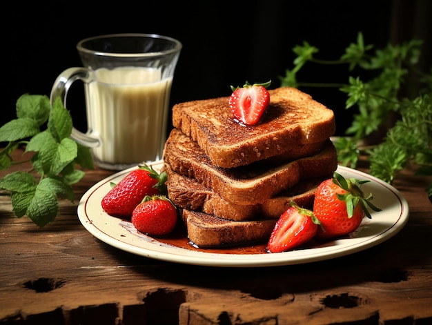 Toast brood op bord met aardbei op houten tafel