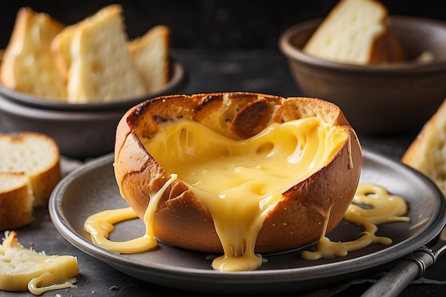 Toast dipped in melted cheese bowl