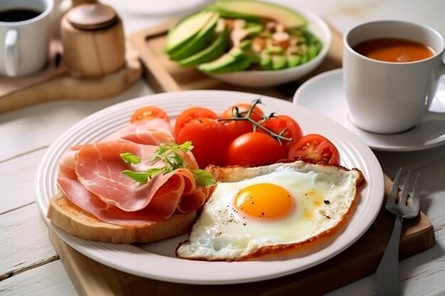 トーストハムトマト野菜フライドエッグホットコーヒー白い木製の背景