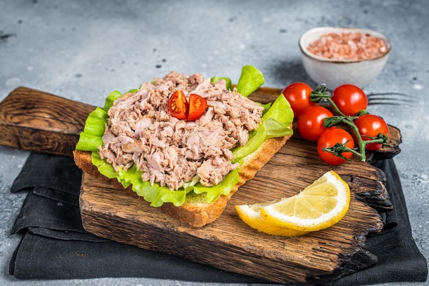 Toast met ingeblikte tonijnfilet en salade Grijze achtergrond Bovenaanzicht
