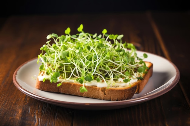 Toast met microgreens in het bord op een houten tafel Generatieve AI