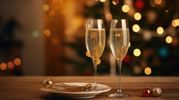 Toast op vreugde Champagneglasjes omringd door kerstversieringen