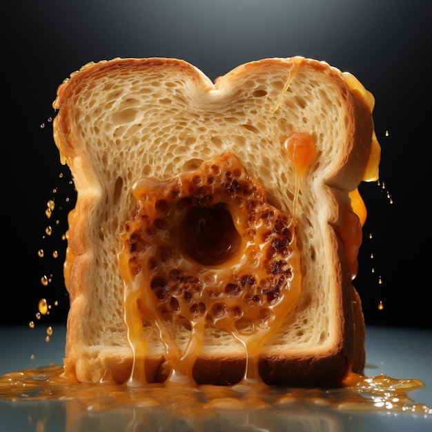 Photo toast sandwich with peanut cheese in the middle with a hole