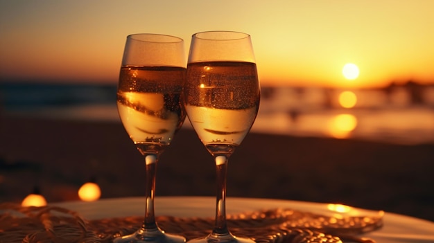 日没に乾杯 シャンパン 2 杯で人生の瞬間を祝う 生成 AI