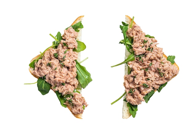 Toast with Canned Tuna fish and arugula Isolated on white background