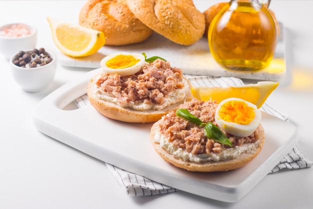 Toast with Canned Tuna Fish open sandwich with egg and cheese