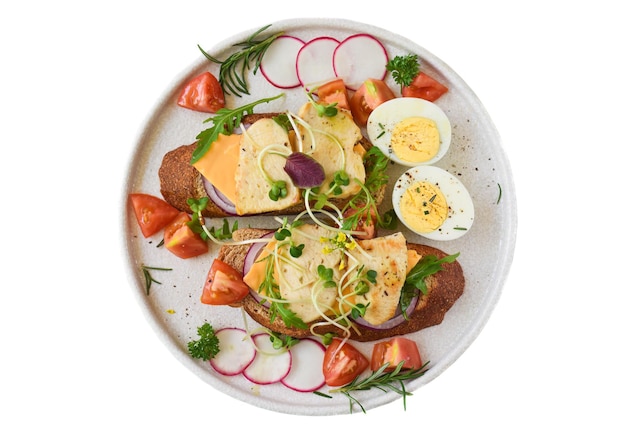 toast with chicken breast onion and vegetables on a white plate close up