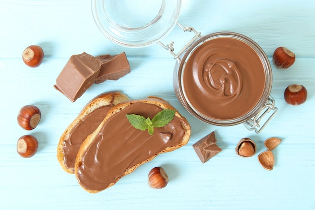 Toast with chocolate paste on the table