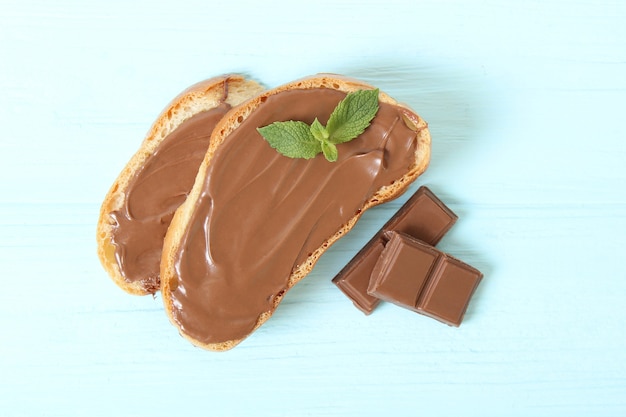 Toast with chocolate paste on the table