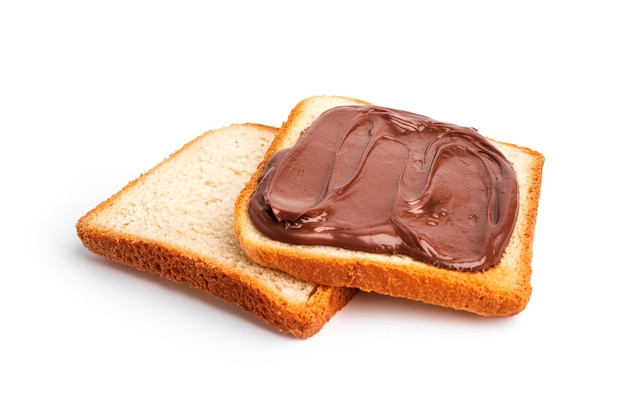 Toast with cocoa paste isolated on a white background. A piece of bread with chocolate paste. High quality photo