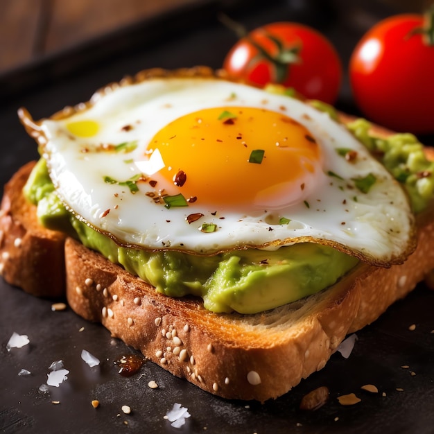 A toast with an egg on it and tomatoes on the side.