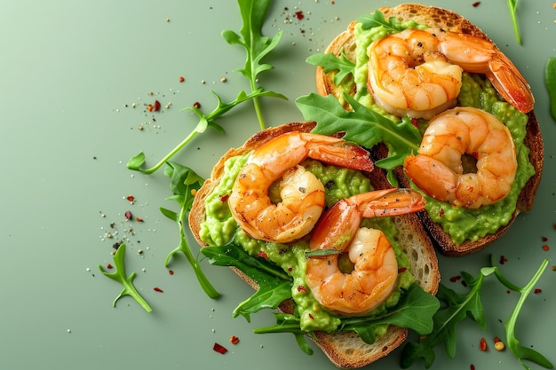 toast with guacamole and shrimps arugula Light green background Top view