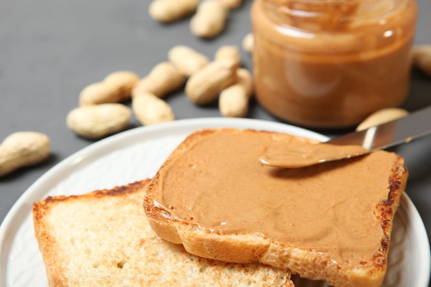 Photo toast with peanut butter on the table