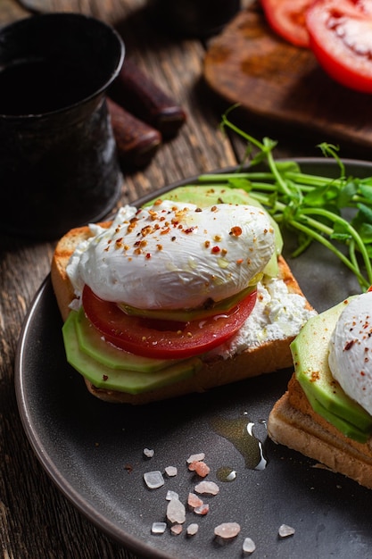 Toast with poached egg tomatoes and avocado Healthy breakfast
