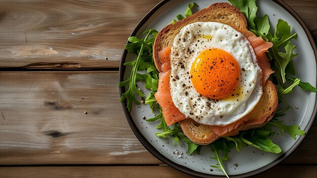 Toast with salmon poached egg cream cheese Isolated on light concrete background