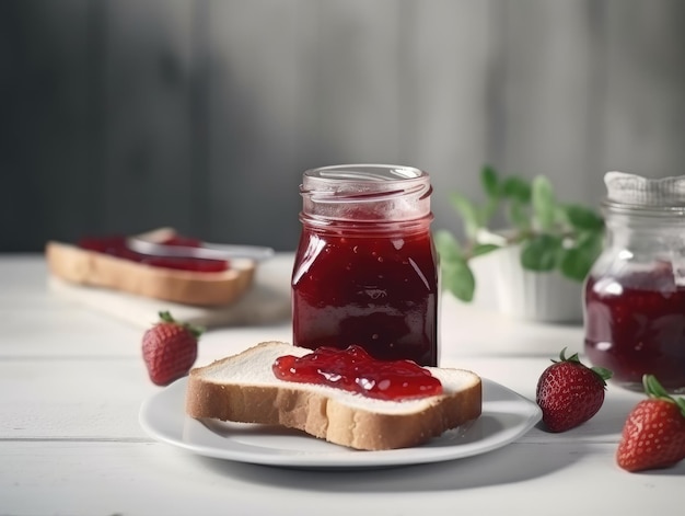 Toast with strawberry jam for breakfast on white table Generative AI