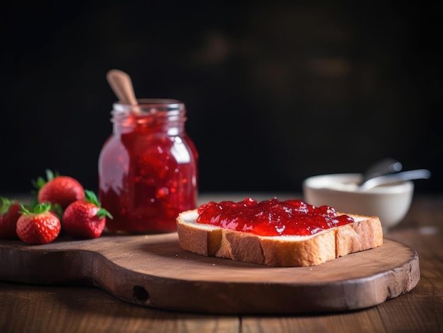 Toast with strawberry jam for breakfast on wooden table Generative AI