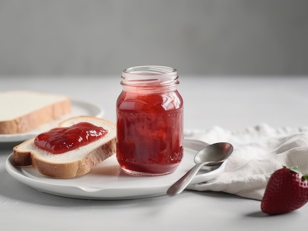 사진 흰색 테이블에서 아침 식사로 딸기 잼을 곁들인 토스트 generative ai