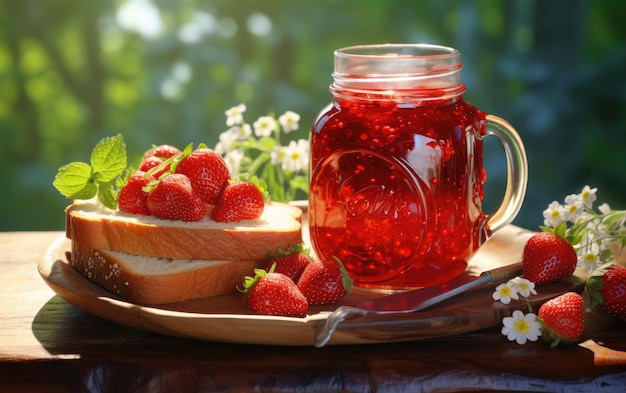 Toast with strawberry jam on rustic wood