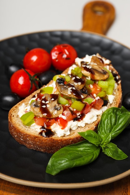 Toast with tasty grilled vegetables concept of delicious appetizer