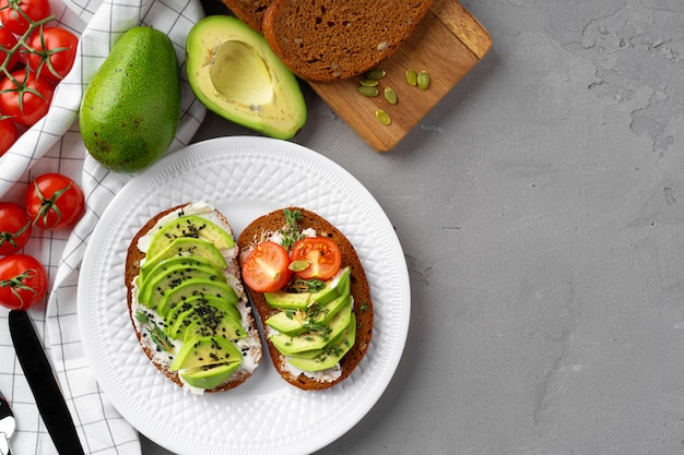 Toasted avocado sandwich for breakfast, top view