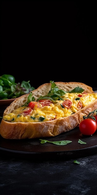 A toasted baguette with eggs and tomatoes on a black background.