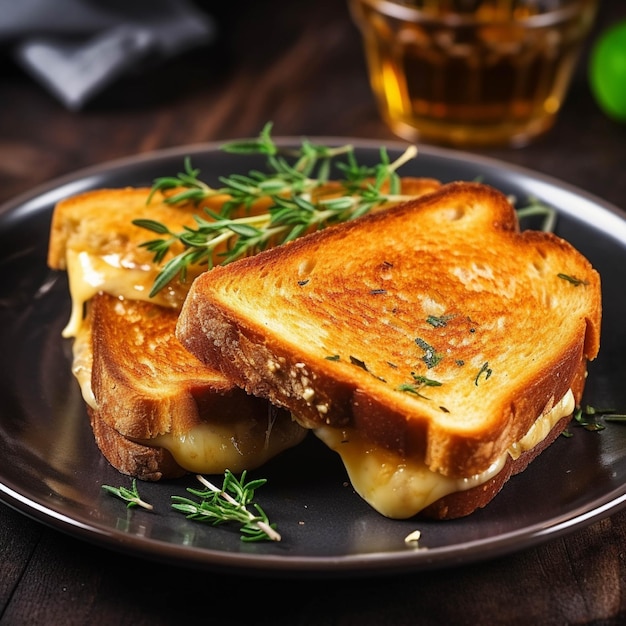 Toasted bread with cheese and thyme on a wooden table