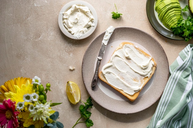 Toasted bread with cream cheese and avocado Healthy food concept