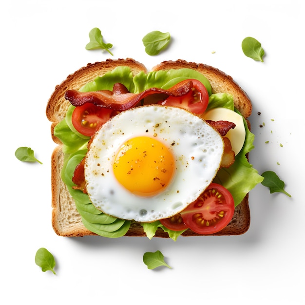 Toasted bread with fried egg and vegetables on white background