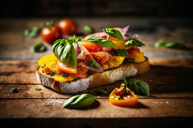 Toasted bread with tomatoes and basil on wooden table Generative AI