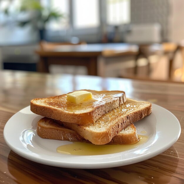 Toasted crispy toast with melted butter on a plate placed on the kitchen table