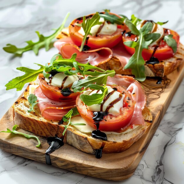 Toasted crispy toast with mozzarella ham and tomatoes on a wooden board on a marble background