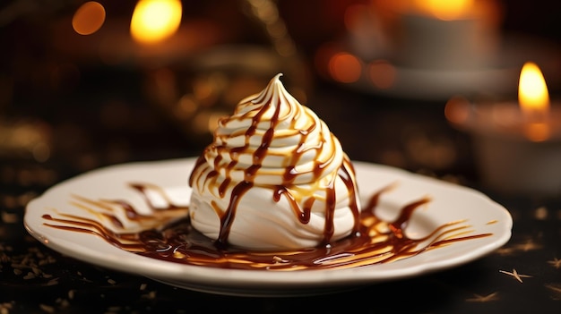 Toasted meringue dessert with a chocolate and caramel drizzle